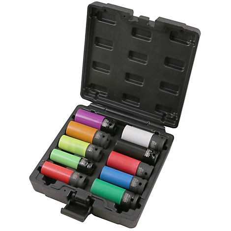 Mallette à outils avec accessoires colorés. L'étui est noir, contient 12 accessoires colorés en rouge, vert, bleu, violet, blanc et jaune.